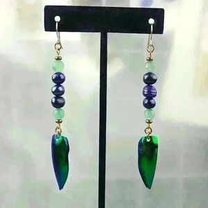 Vintage green stones beads with blue pearls Dangle earrings